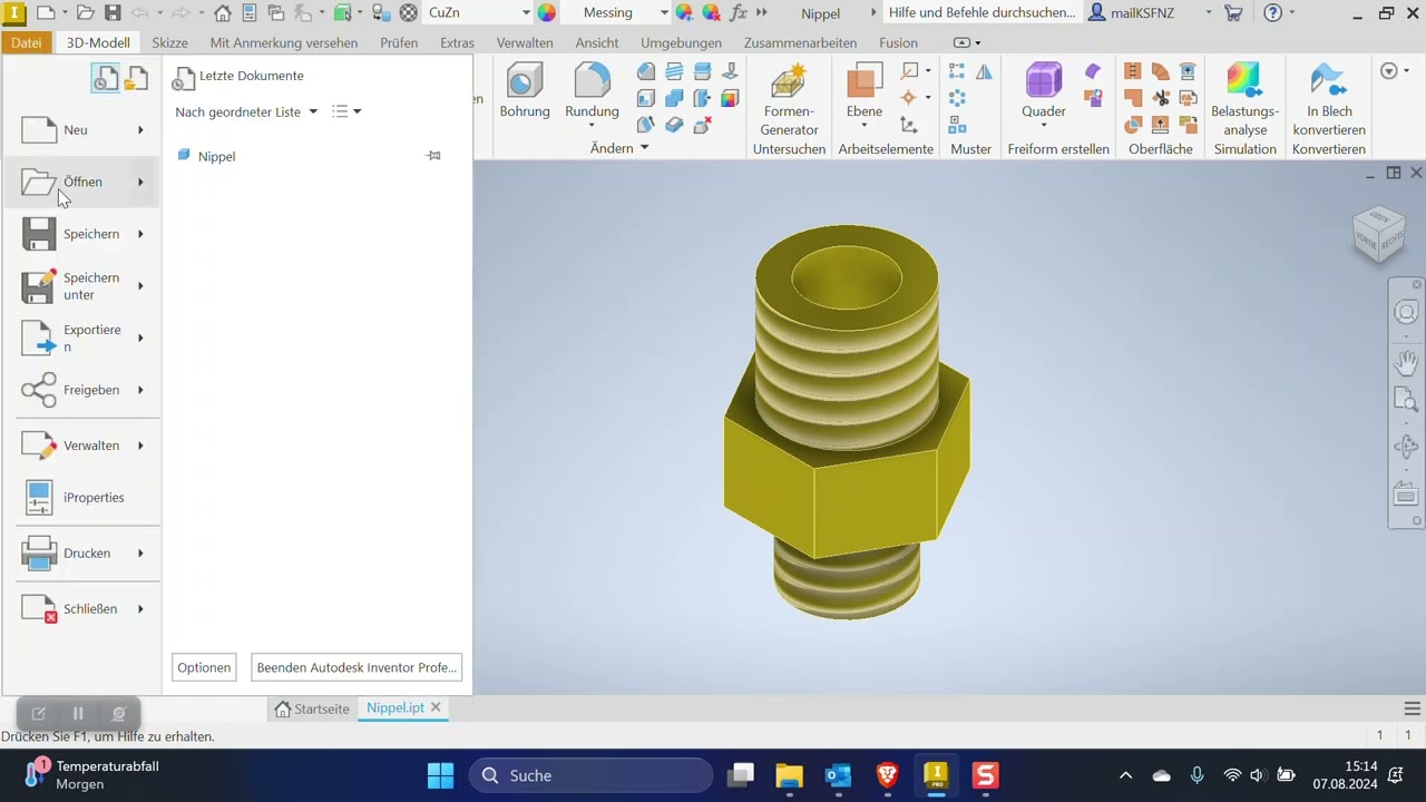 Inventor 2025 - Projekt Dampfmaschine - Bauteil: Nippel