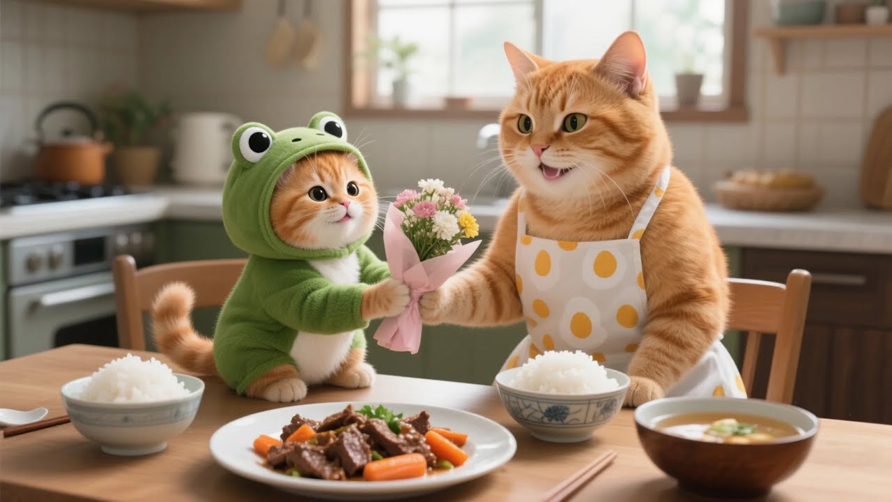 Mama Cat’s Busy Day 😿, Ginger Kitten Cooks and Picks Flowers for Her 🌸