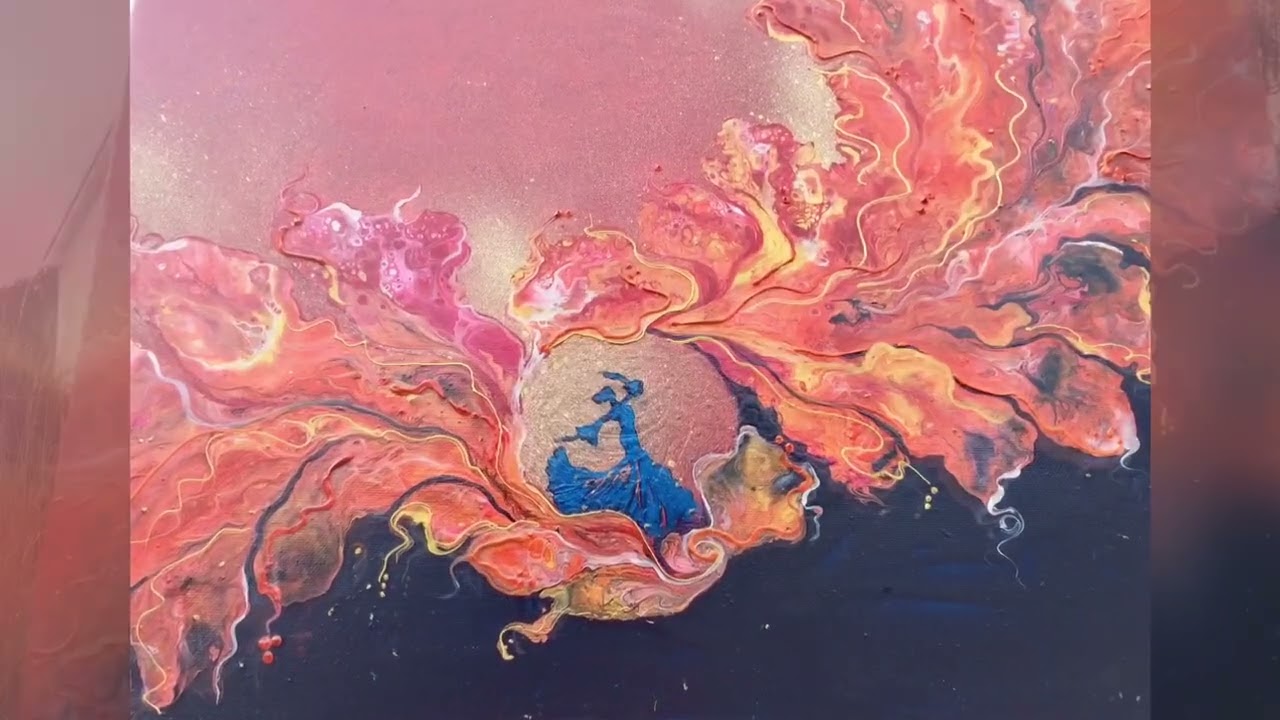 Fiery passionate acrylic paint pour with flamenco dancer