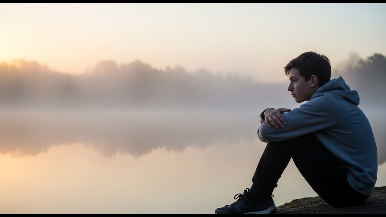 Teen sitting by a lake. Knees hugged. Fog on water. Early morning light. Peaceful loneliness.