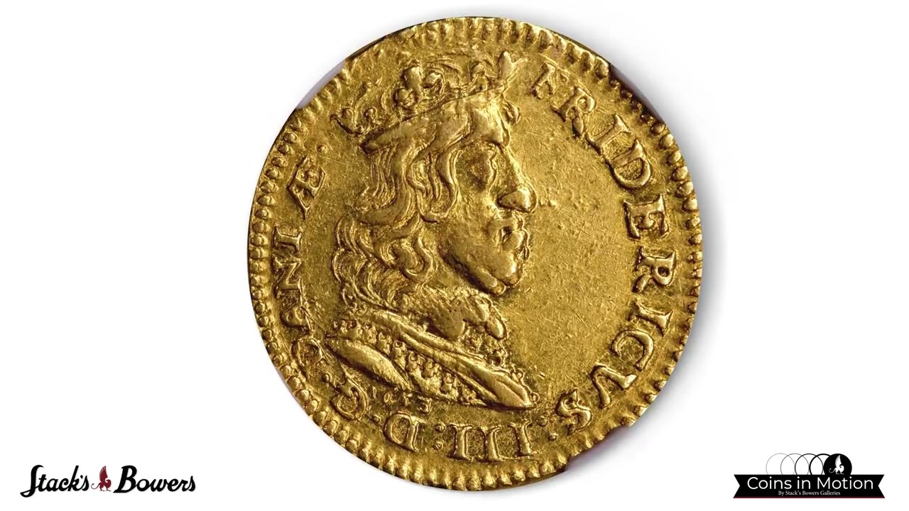DENMARK. 1/2 Portugaloser (5 Ducats),1653.Copenhagen Mint; privy mark: hook. Frederik III.NGC AU-55.