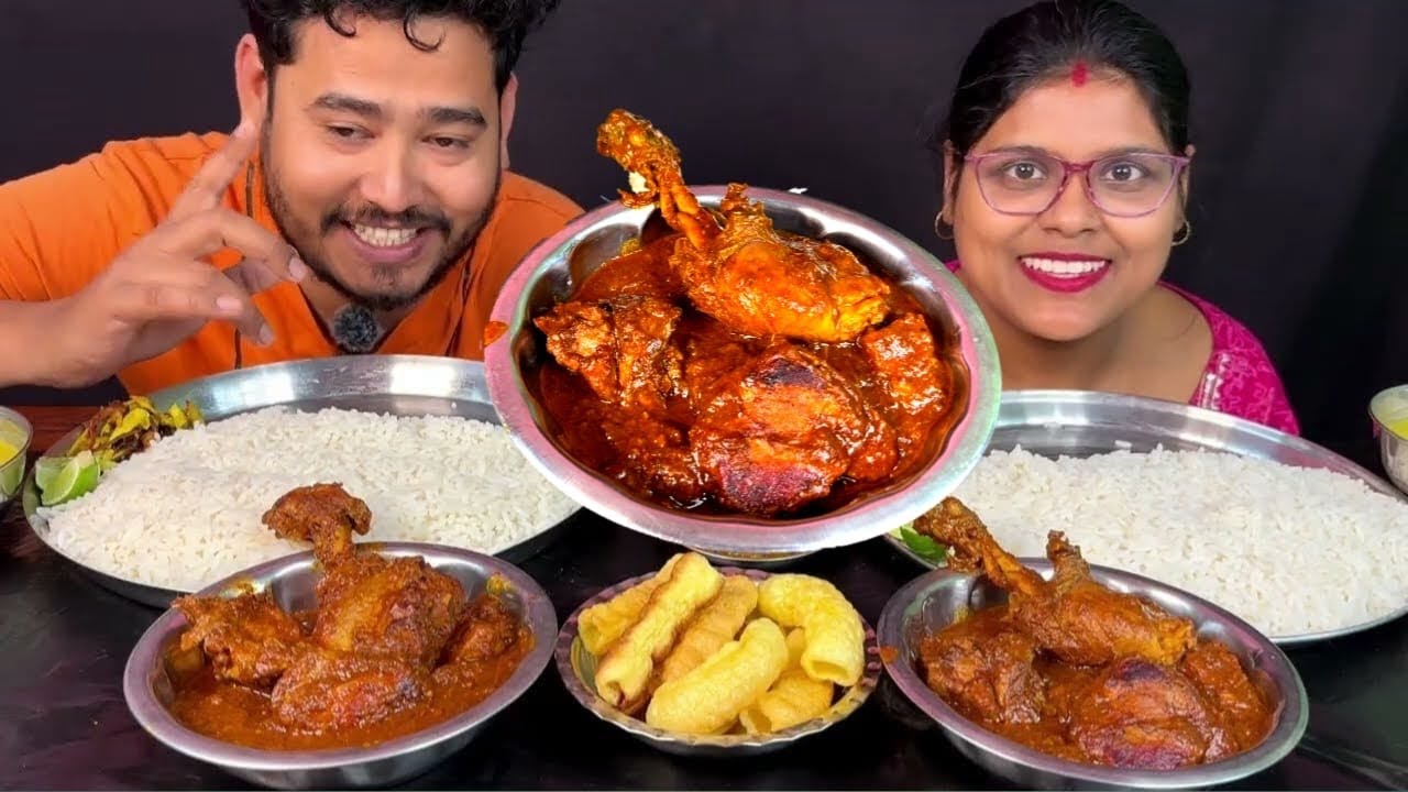 chicken kosha, dal, sobji, papad rice eating challenge