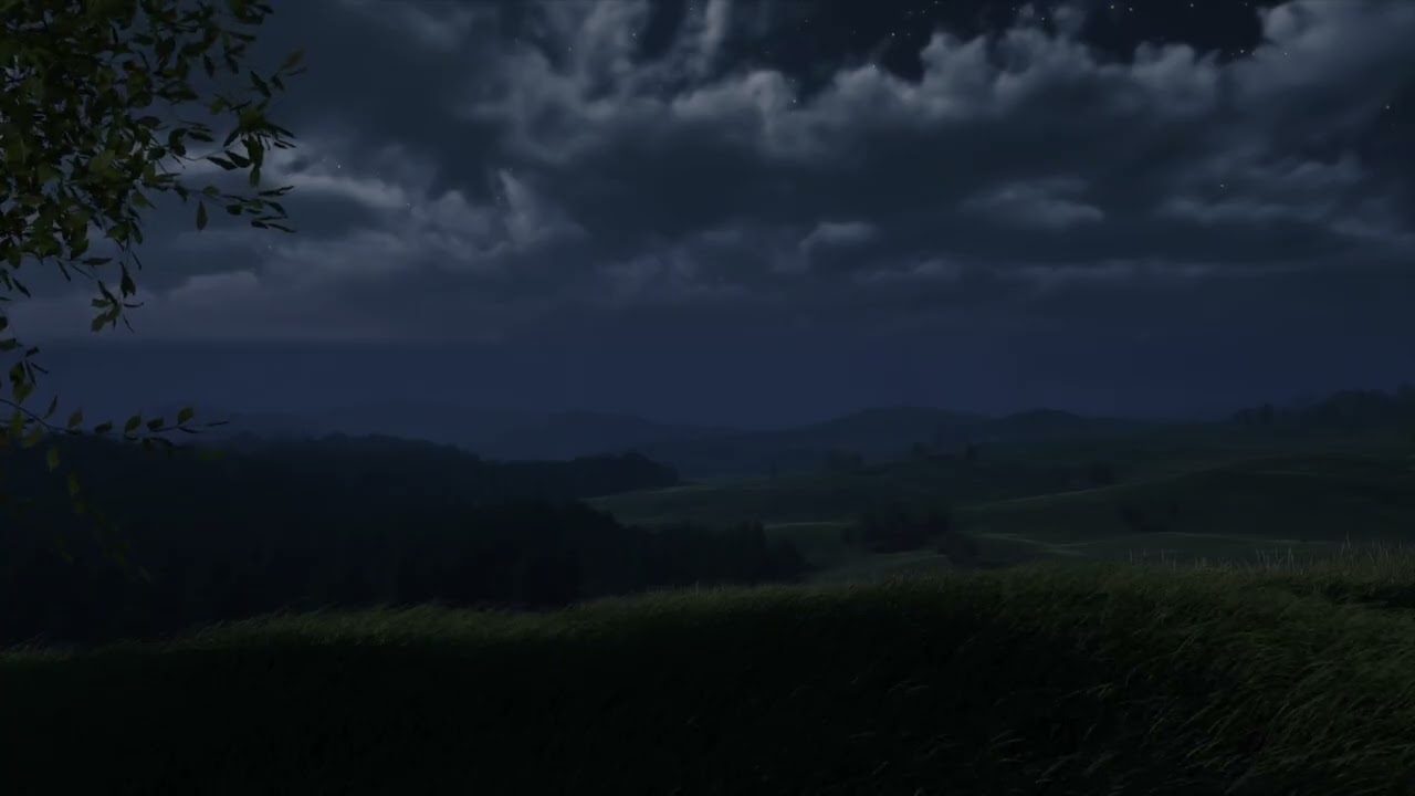 Quiet Night Over The Fields Ambience | Fresh Wind, Gentle Occasional Thunder for Sleep | 3 HOURS