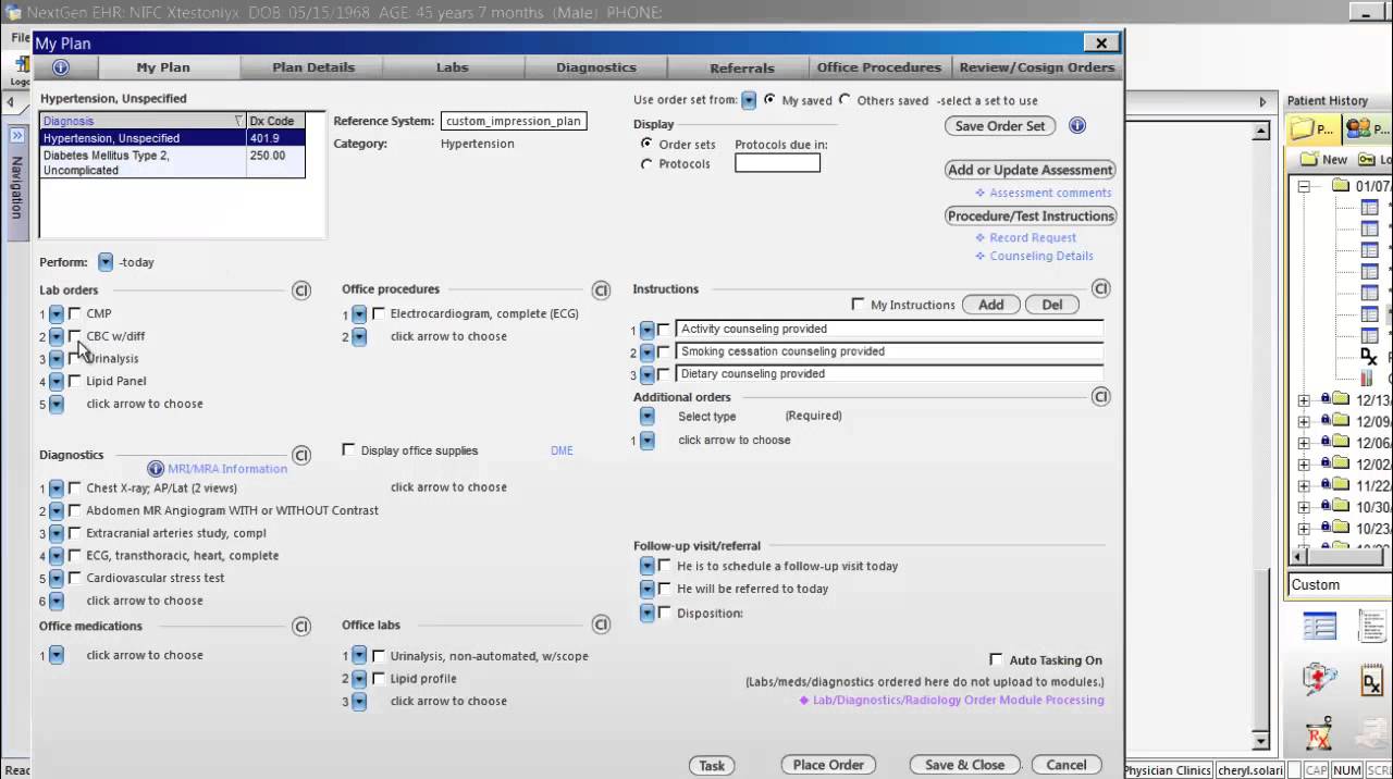 M.I.S.T., Inc. NextGen EHR My Plan Order Sets in NextGen EHR