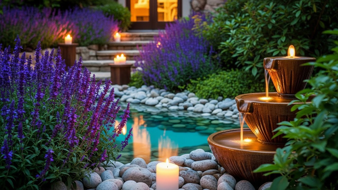 Lavender Garden Night Ambience ✨ Calm Music & Water Sounds for Relax, Study & Sleep