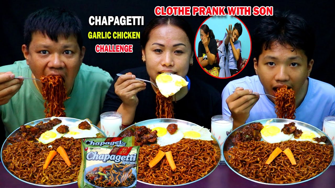 CLOTHE PRANK WITH SON 🥵 CHAPAGETTI 🔥 KOREAN BLACK BEAN NOODLES AND GARLIC CHICKEN CHALLENGE