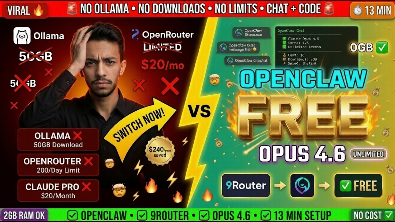 FREE OpenClaw with Claude Opus 4.6 | 9Router Method | No Ollama, Unlimited! 🤯