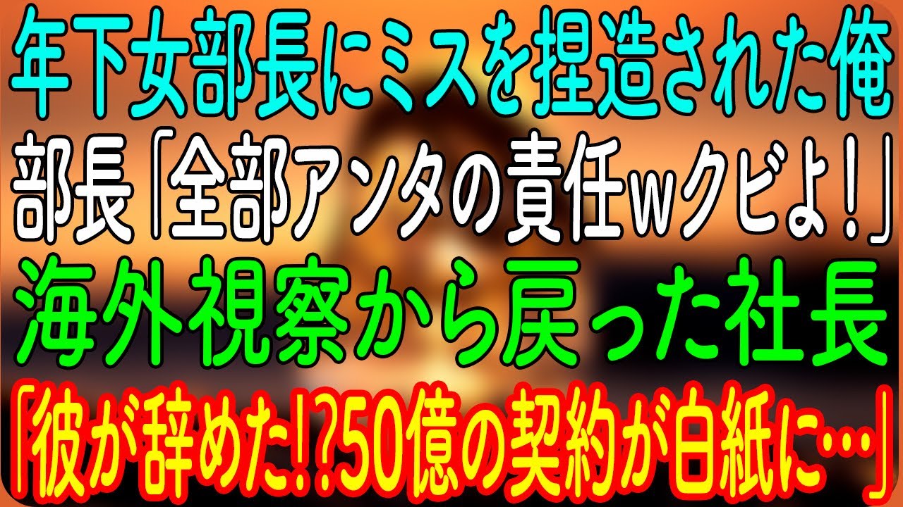 【スカッとする話】年下女部長にミスを捏造された俺。部長「全部アンタの責任ｗクビよ！」→海外視察から戻った社長「彼が辞めた⁉50億の契約が白紙に…」「え…」【朗読・心にしみる話】