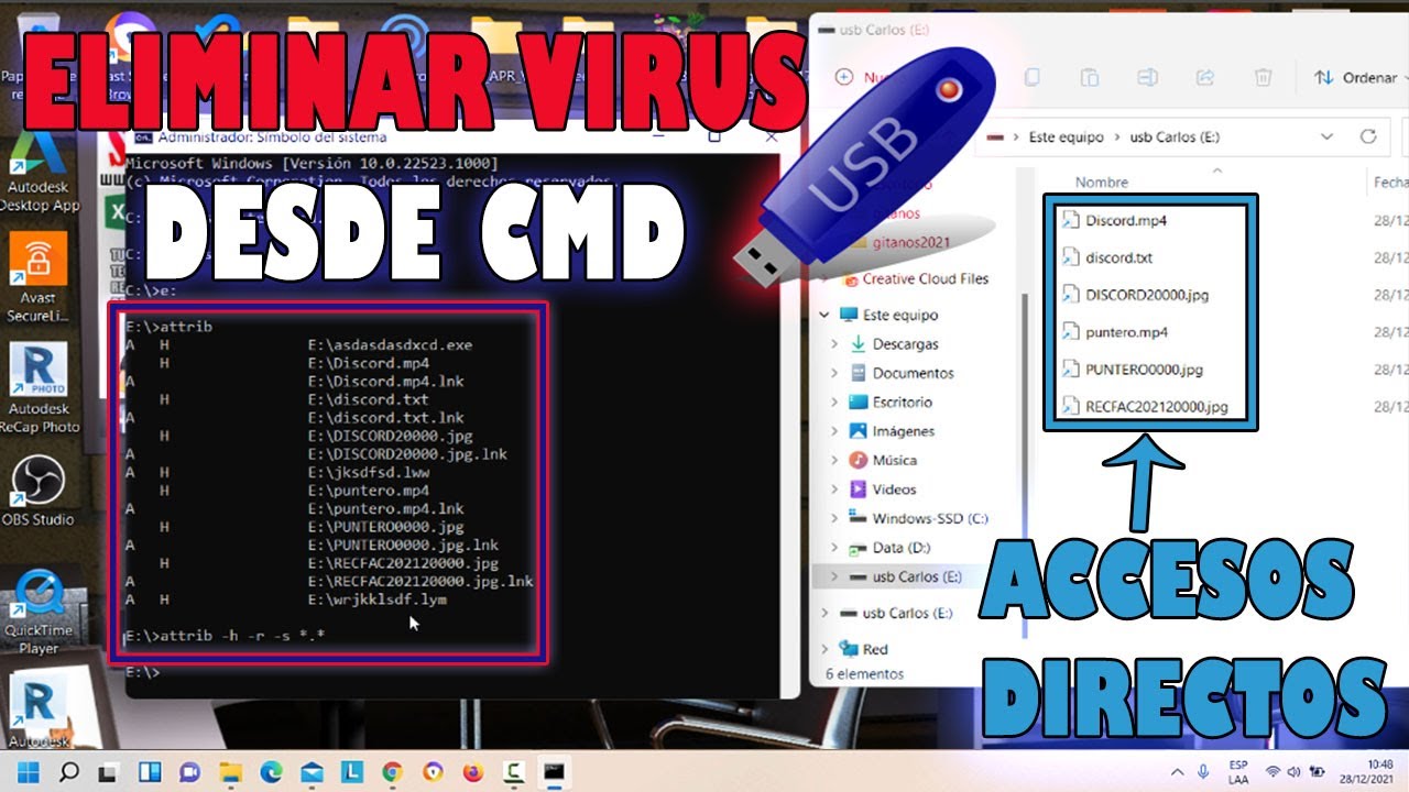 Recuperar Archivos Convertidos en Accesos Directos en USB | Eliminar Virus USB o PC | SOLUCIÓN |
