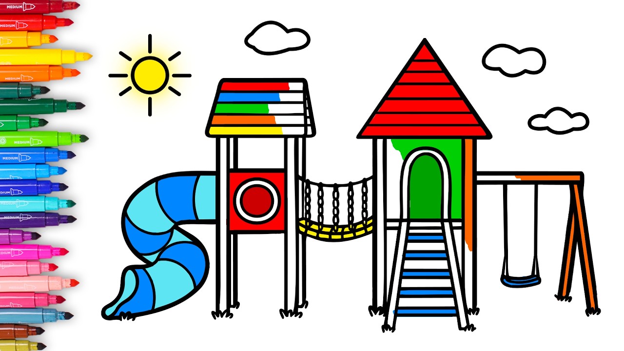 Dibuja y Colorea un PARQUE de JUEGOS arcoíris 🌈🛝 Dibujos para niños