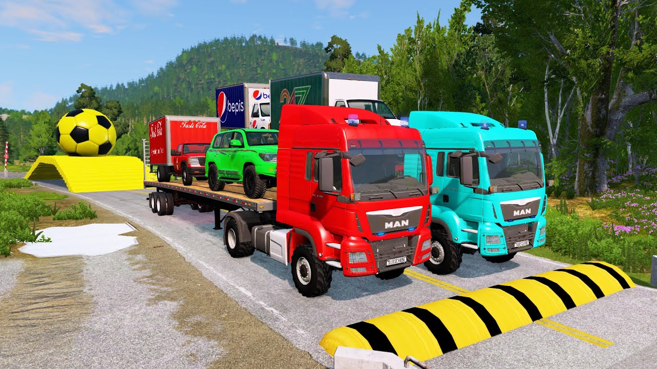 Double Flatbed Trailer Truck vs Speedbumps Train vs Cars Beamng.Drive 69
