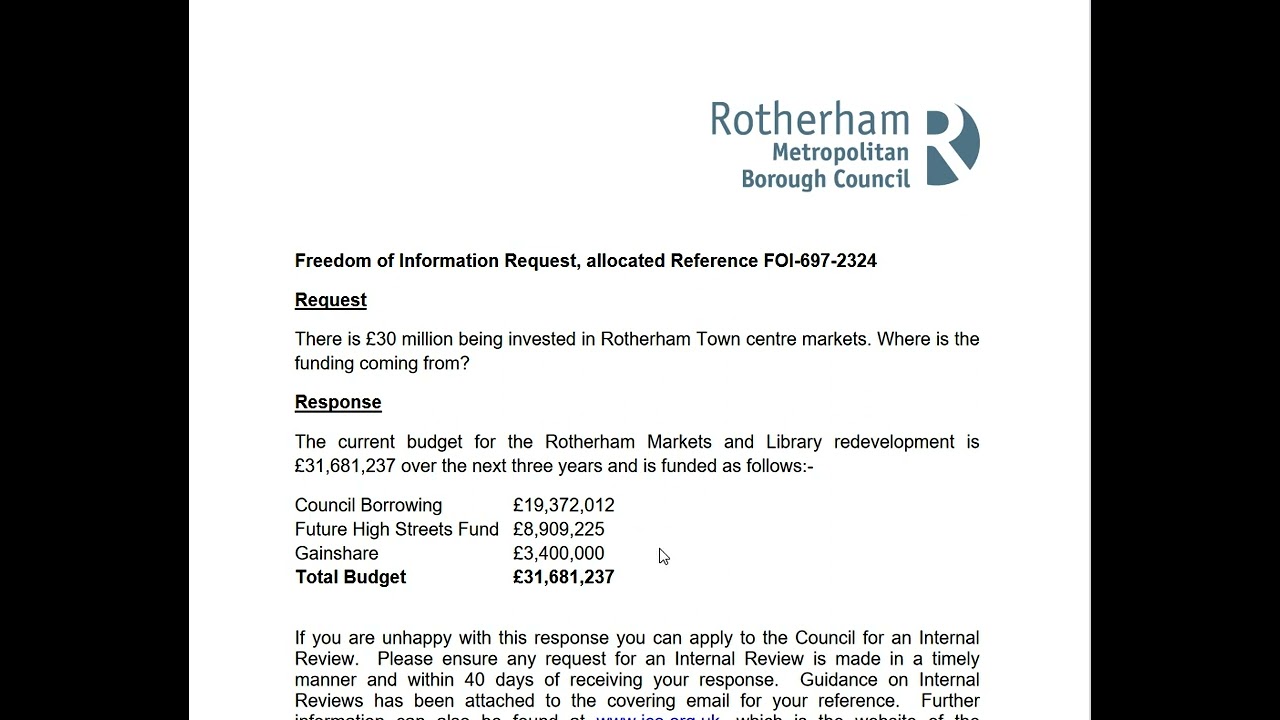 Rotherham borough council new town centre market and library costs FOI Freedom of Information.