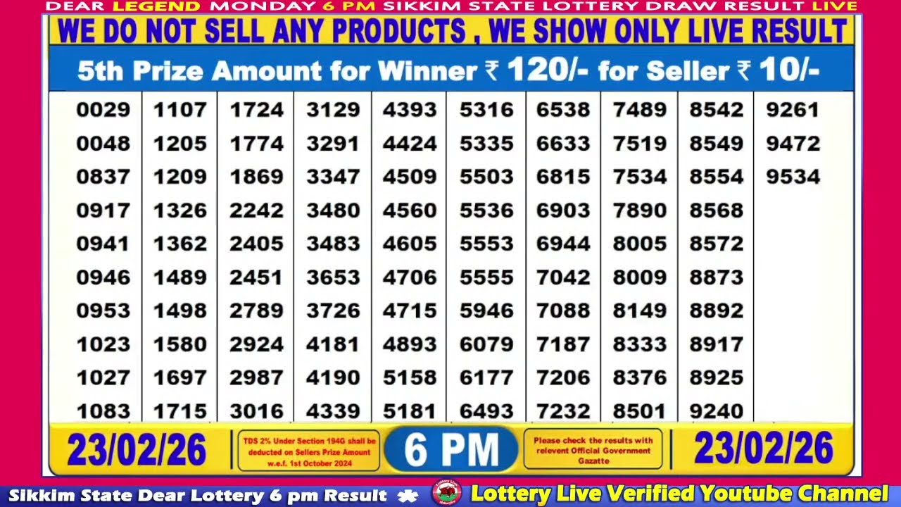 [LIVE] Lottery 6:00 PM Dear Sikkim state lottery live draw result 23.02.2026 | Lottery live