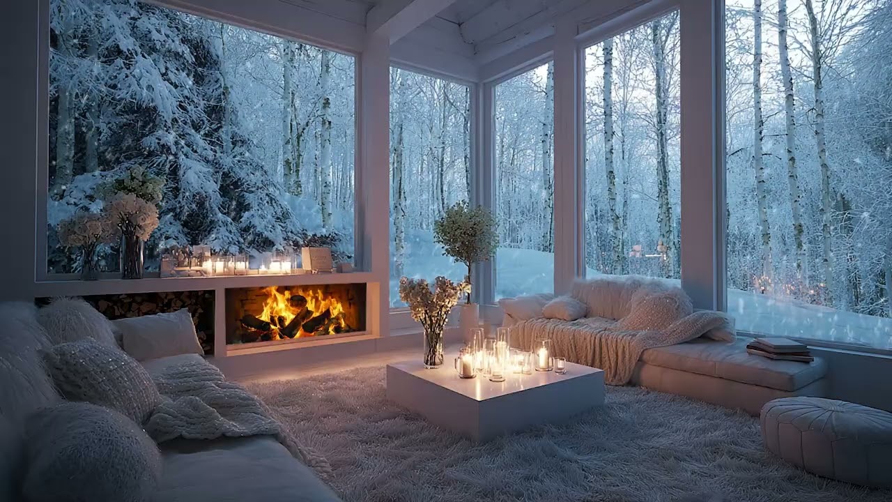 Snowy Wind Night Outside with Soft Fireplace Crackling Inside for Calm Focus and Better Sleep