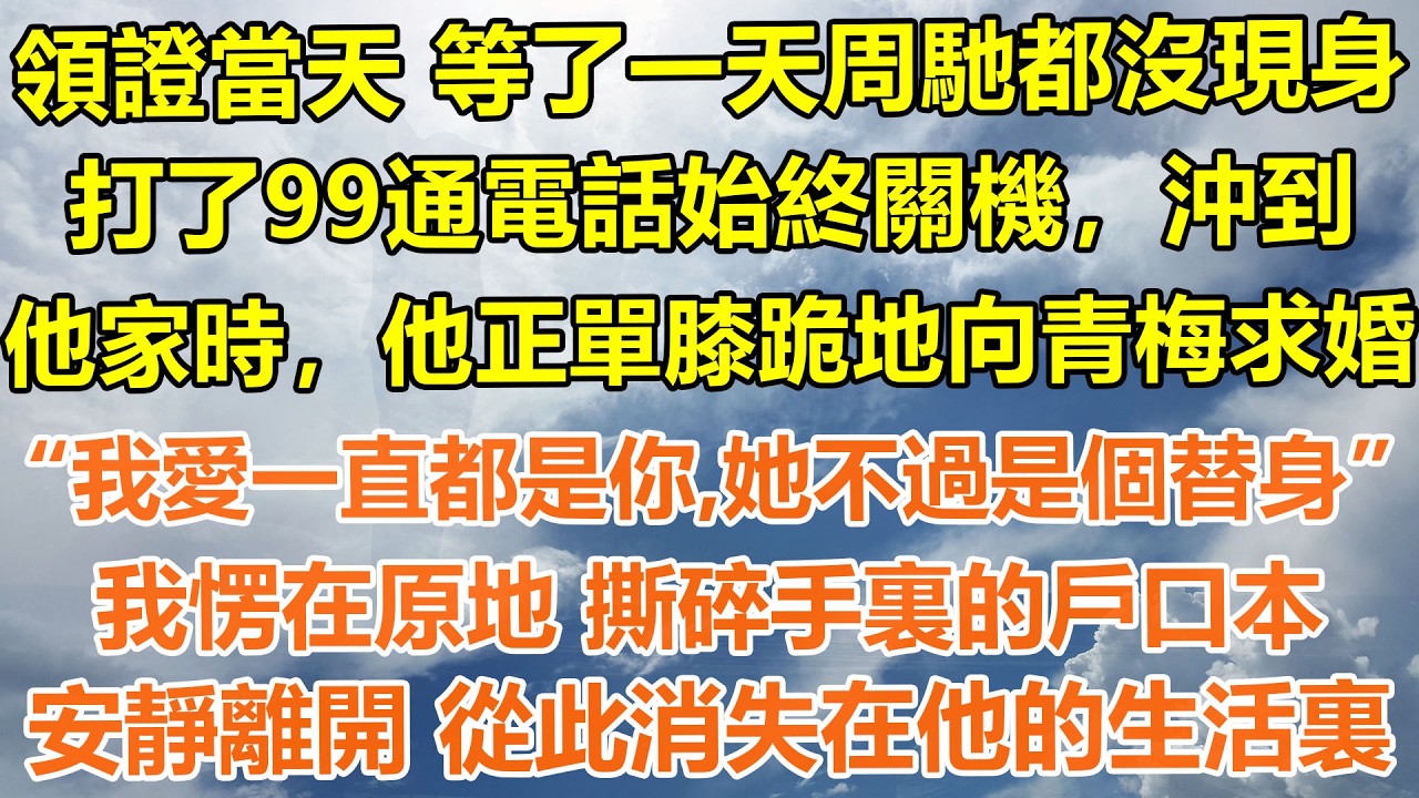 （完結爽文）領證當天，等了一整天周馳都沒現身，打了99通電話始終關機，沖到他家時，他正單膝跪地向青梅求婚“我愛一直都是你，她不過是個替身”，我愣在原地 撕碎手裏的戶口本，安靜離開 從此消失在他的生活裏