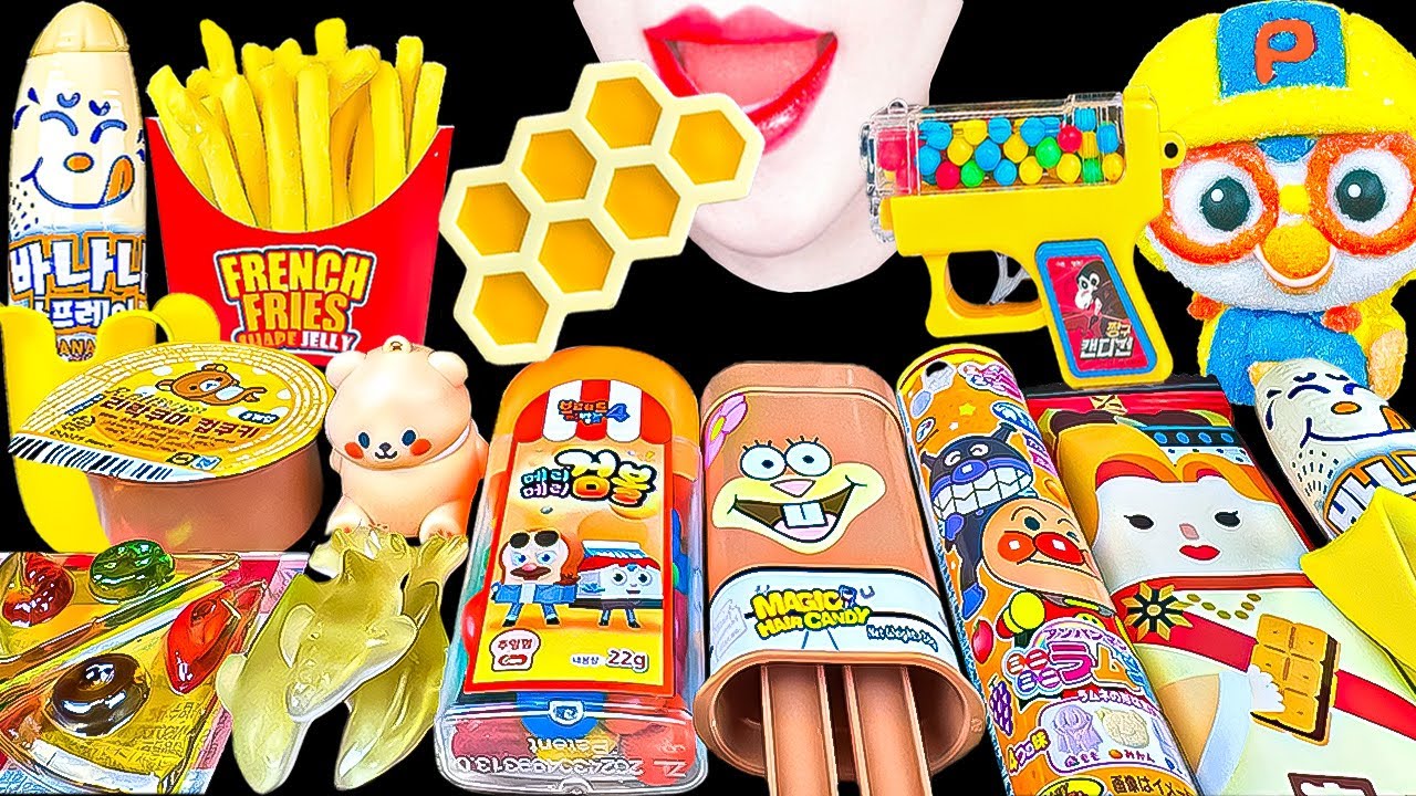 ASMR YELLOW CANDY💛노란색 디저트 벌집 아이스크림 감자튀김 젤리 Honeycomb ice cream, French Fries Jelly 먹방 EATING MUKBANG