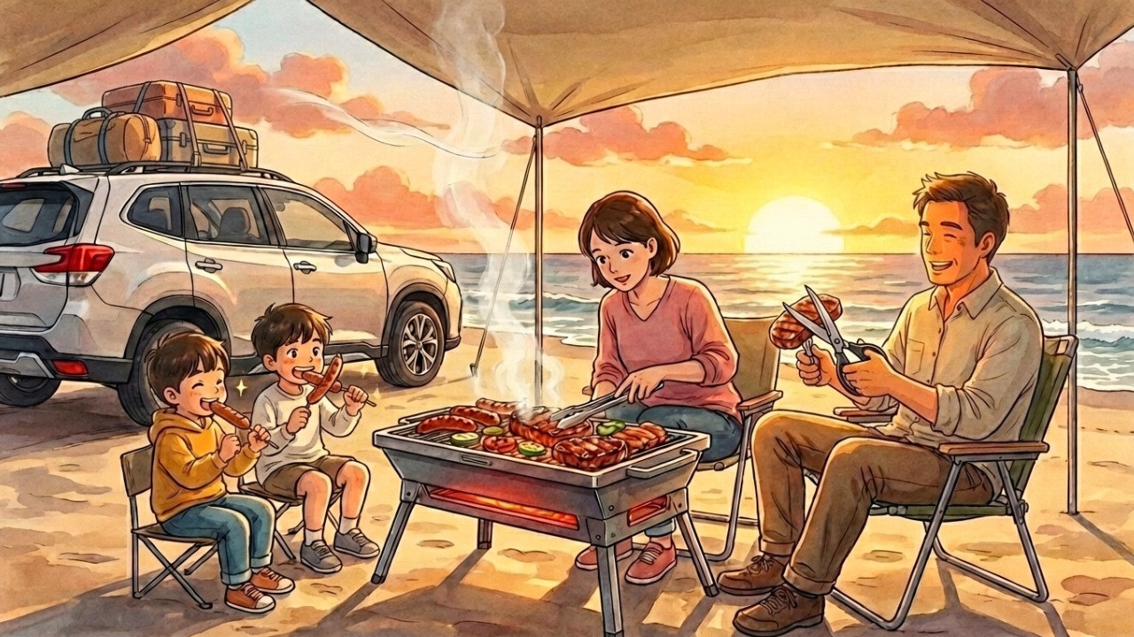 Seaside Family Camping: Calm Setup, Warm Dinner and Dreamy Ocean Glow | Ghibli-Style ASMR