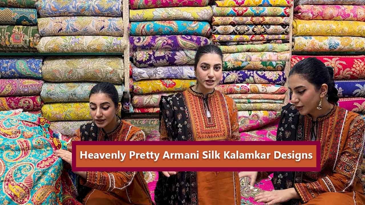 Heavenly Pretty Armani Silk Kalamkar Designs at 10% OFF | Gharara, Sharara, Lehenga, & Gown Fabrics