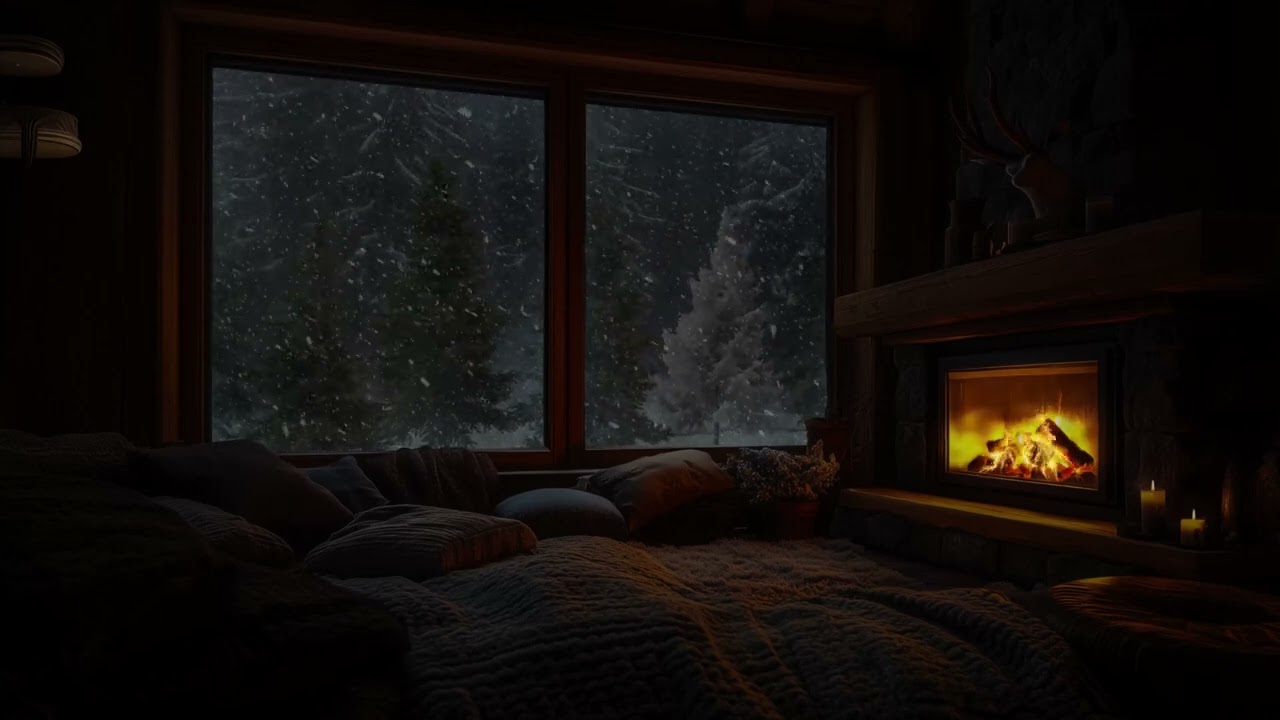 Quiet Winter Night in a Cozy Cabin Fireplace Crackles Snowfall Sounds for Sleep and Focus