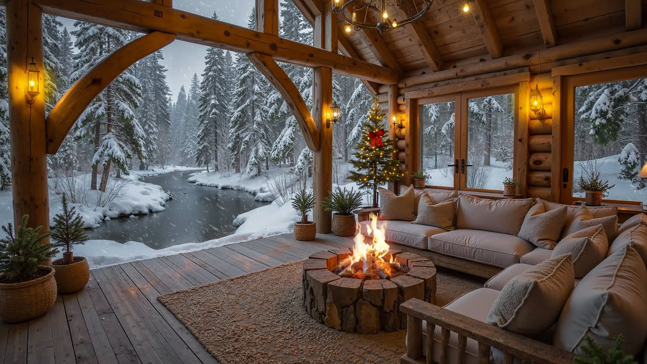 Cozy Wood Cabin by Calm Lakeshore ❄️ Winter Piano Music Background & Crackling Fire for Relaxation