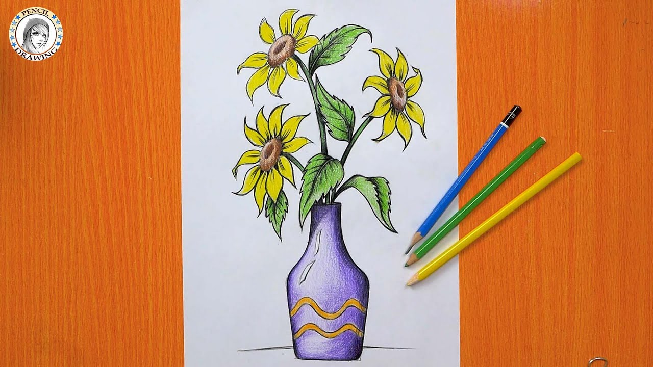 How to draw flowers | Draw a sunflower | Drawing a vase | رسم مزهرية | زهرة عباد الشمس