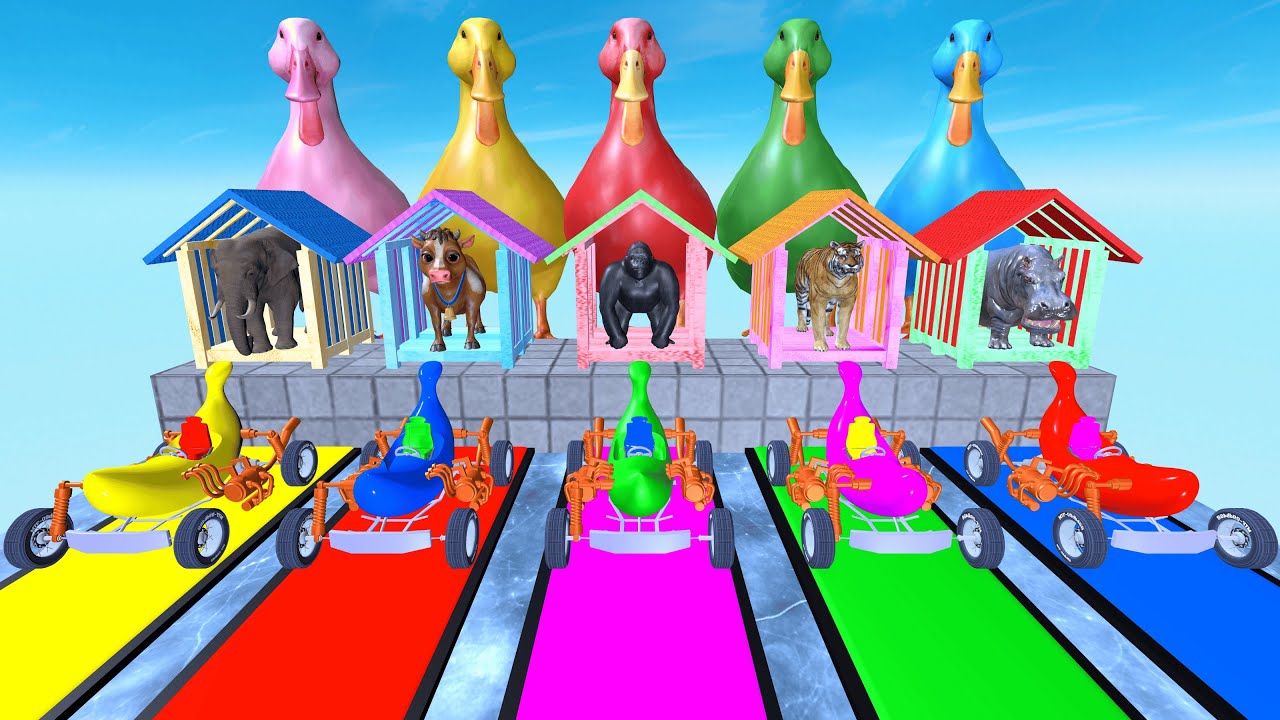 Long Slide Game With Cow Elephant Gorilla Hippo Tiger - 3d Animal Game - Funny 3D Animals | Rz