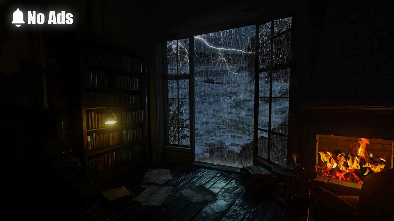 NO ADS🔕Stormy Seaside Night Ambience🌧️ Distant Thunder,Relaxing Rain & Crackling Fire for Deep Sleep