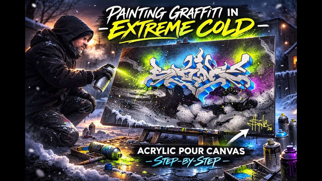 Painting Graffiti in Extreme Cold ❄️ | Acrylic Pour Canvas Experiment