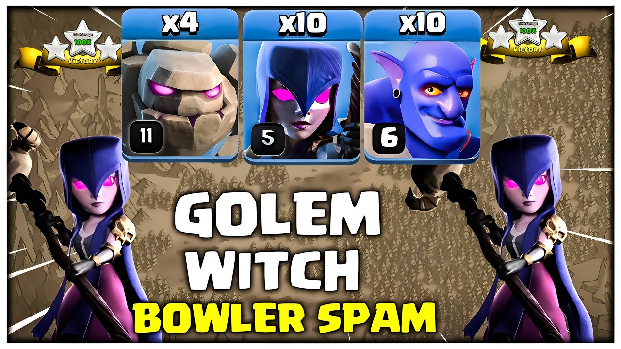No Skill, Just 3 Stars! TH14 Golem Witch Bowler Spam Attack Strategy! Clash of Clans