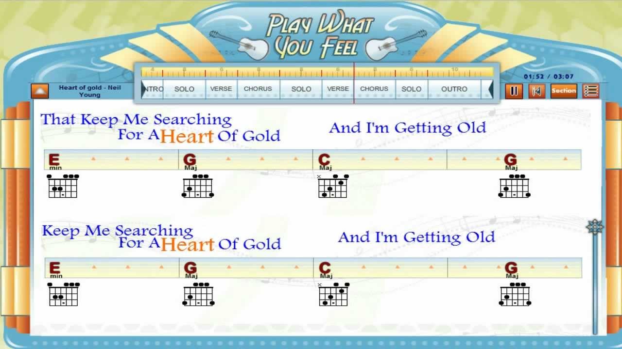 Heart Of Gold - Neil Young - Guitaraoke, Chords & Lyrics, Guitar Lesson - playwhatyoufeel.com