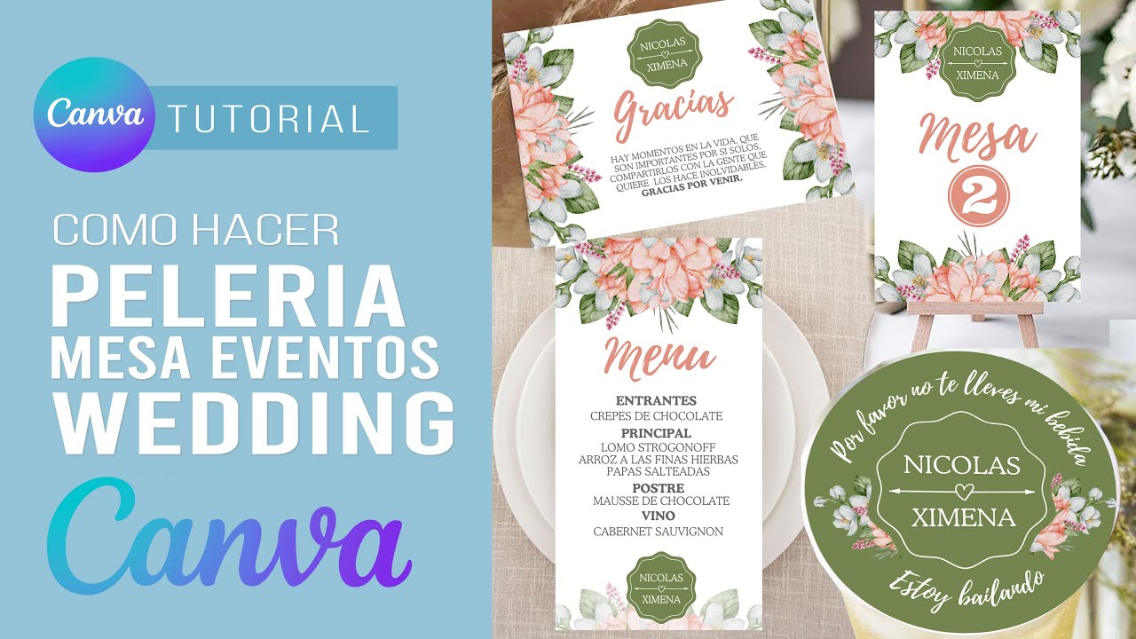 Como hacer PAPELERIA para MESA BODAS | carta de menú,numero de mesa,tarjeta,posavaso fácil con Canva