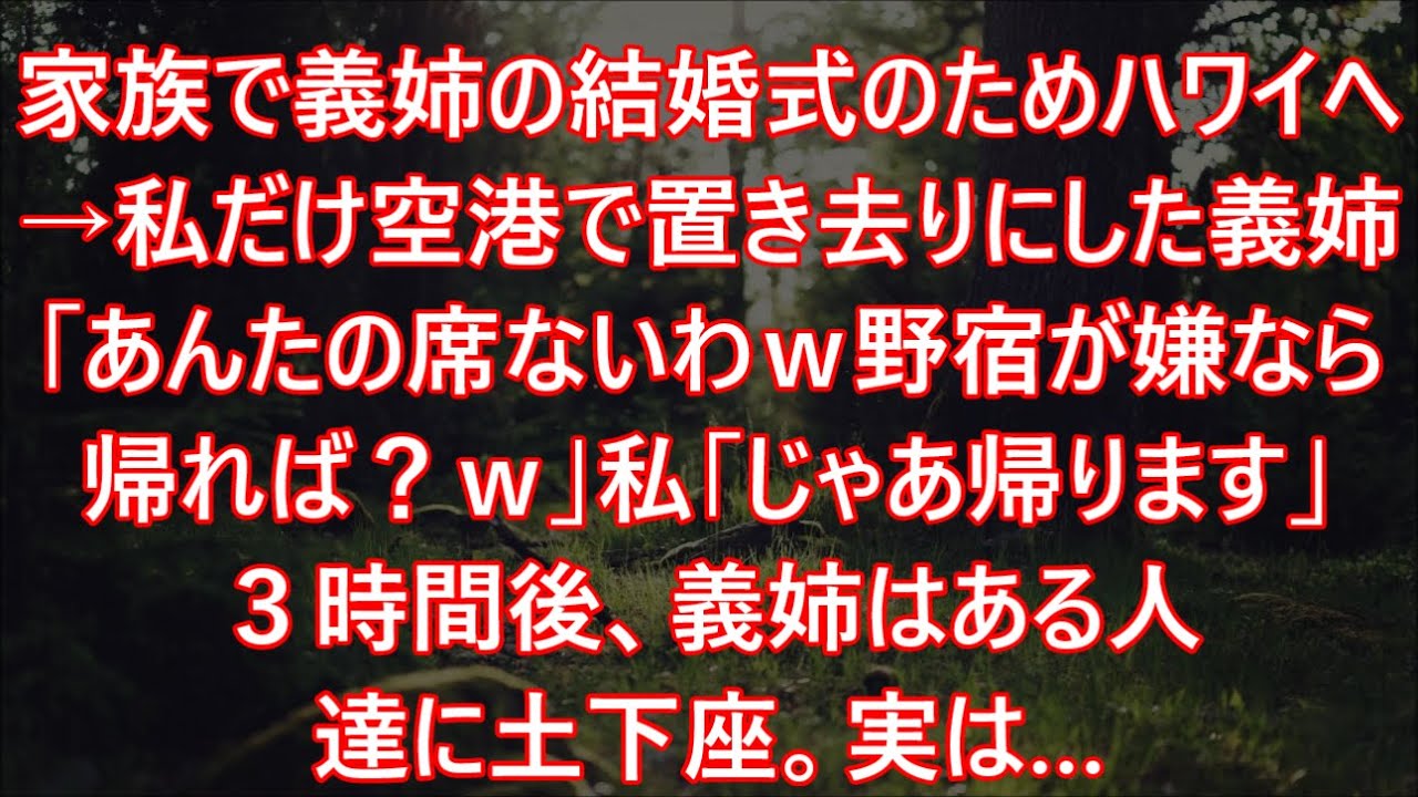 家族で義姉の結婚式のためハワイへ→私だけ空港で置き去りにした義姉「あんたの席ないわｗ野宿が嫌なら帰れば？ｗ」私「じゃあ帰ります」３時間後、義姉はある人達に土下座。実は…