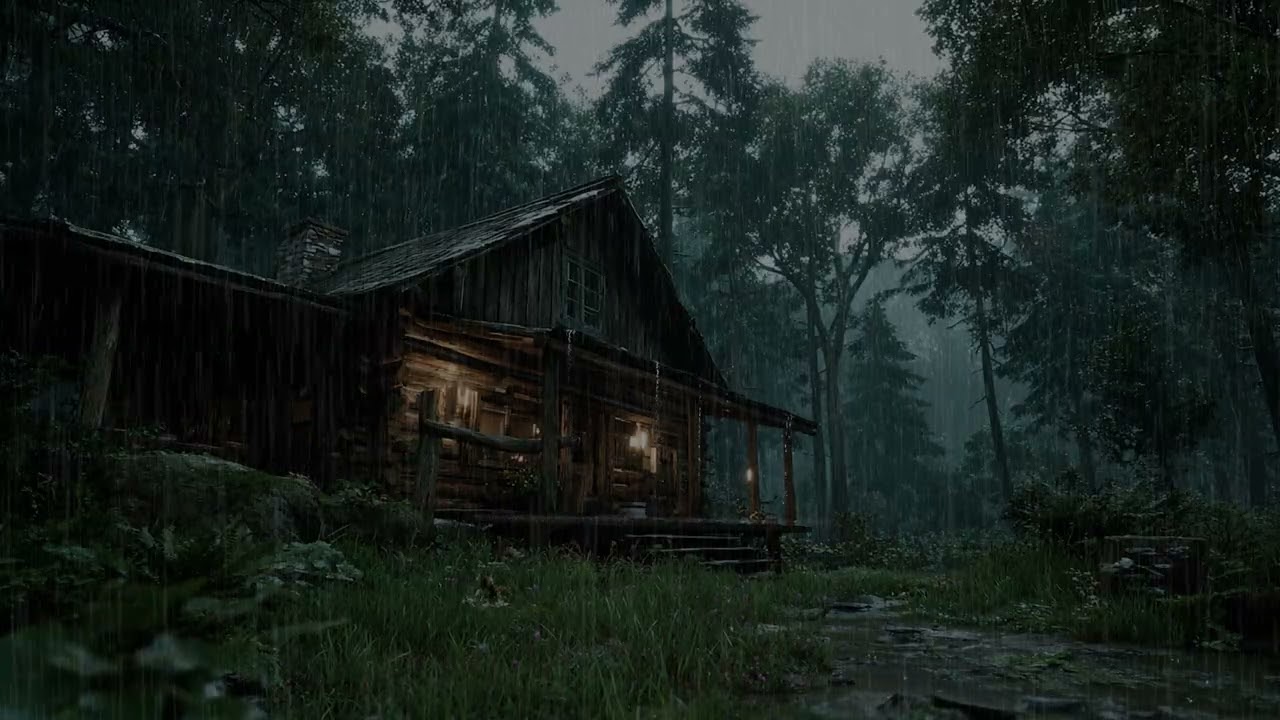 Continuous Rain on the Cabin Roof in the Dark Forest | Long Cozy Night Ambience for Relaxing