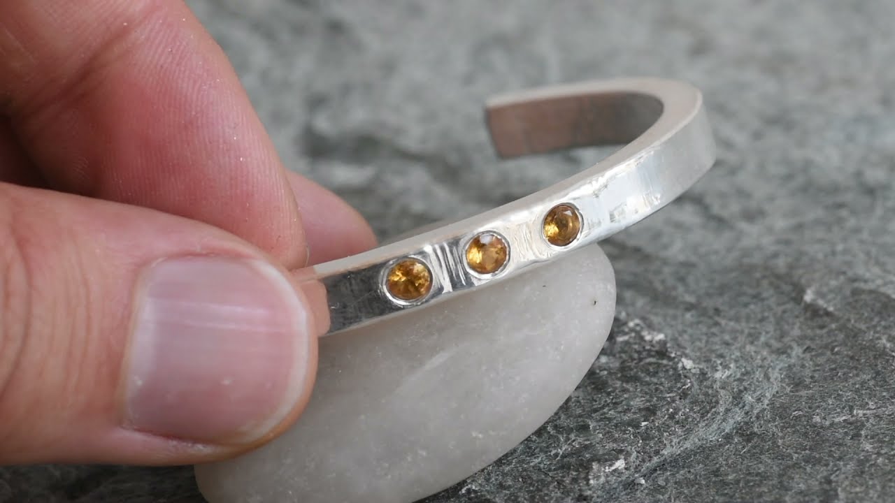 Gypsy Set Citrine and Pure Silver Bracelet, Flush Setting Gemstones