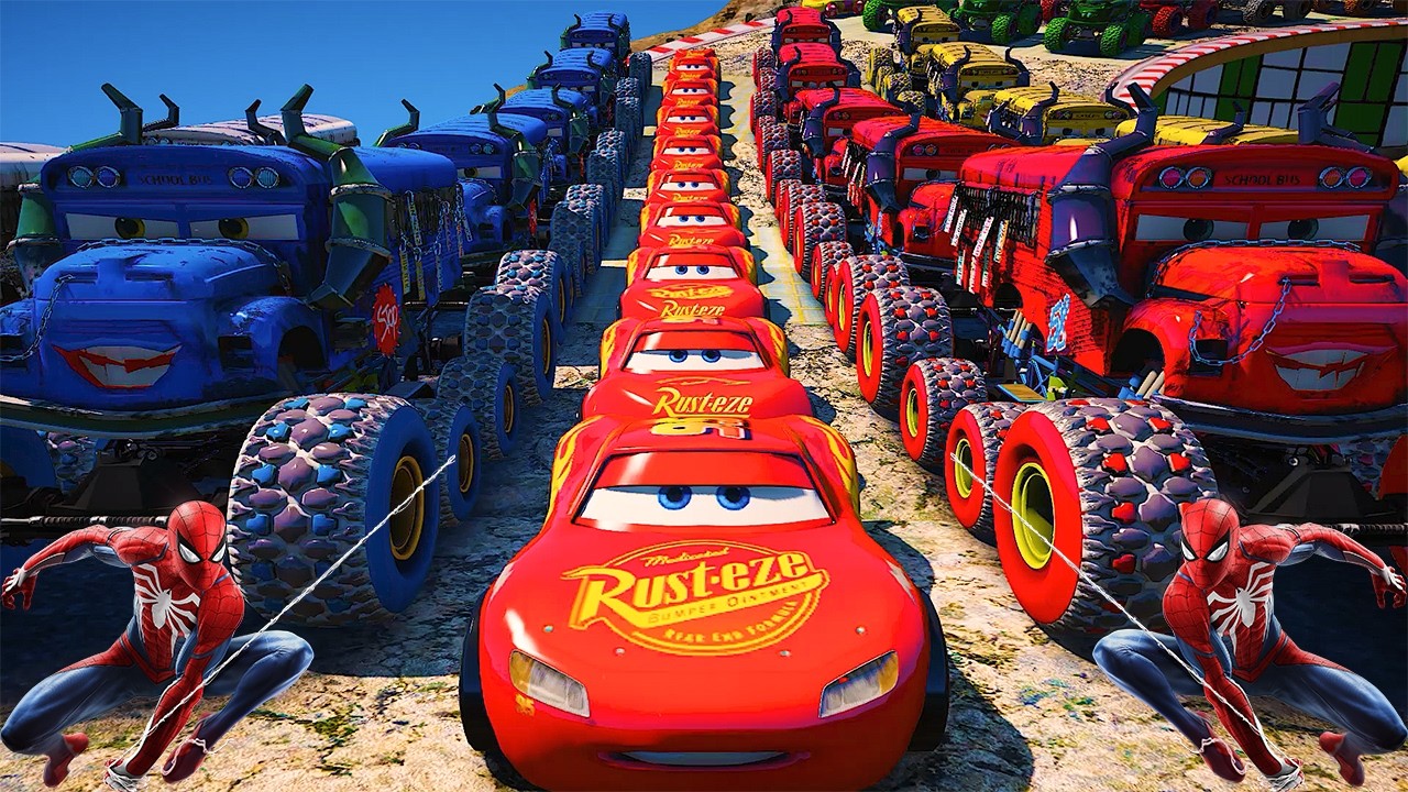 GTA 5 SPIDERMAN Cars Challenge Lightning & Monster McQueen Jackson Storm Miss Fritter & Friends Cars