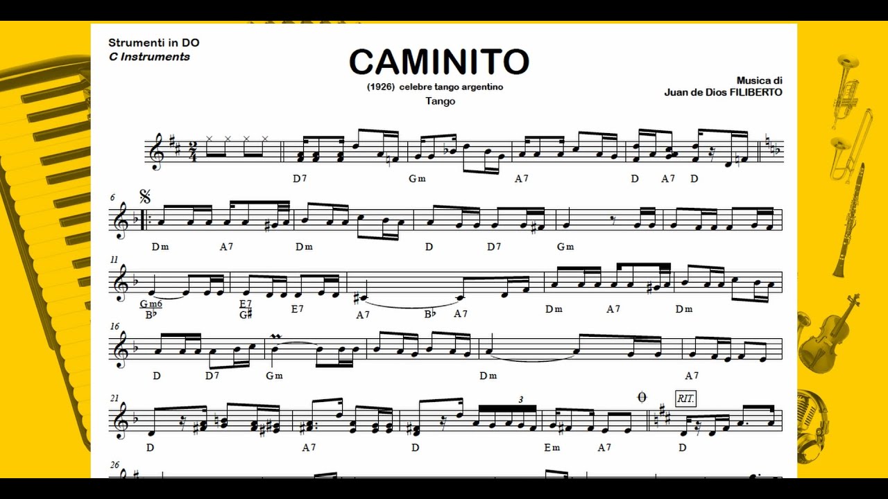CAMINITO (J.De Dios Filiberto) tango: Pista y Partituras DO Si♭ Mi♭ con variaciones para Acordeón
