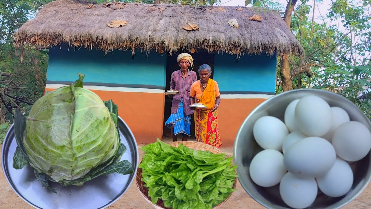 rural tribe grandma cooking DUCK EGG curry with CABBAGE and eating || vegetable fry || Village Life 