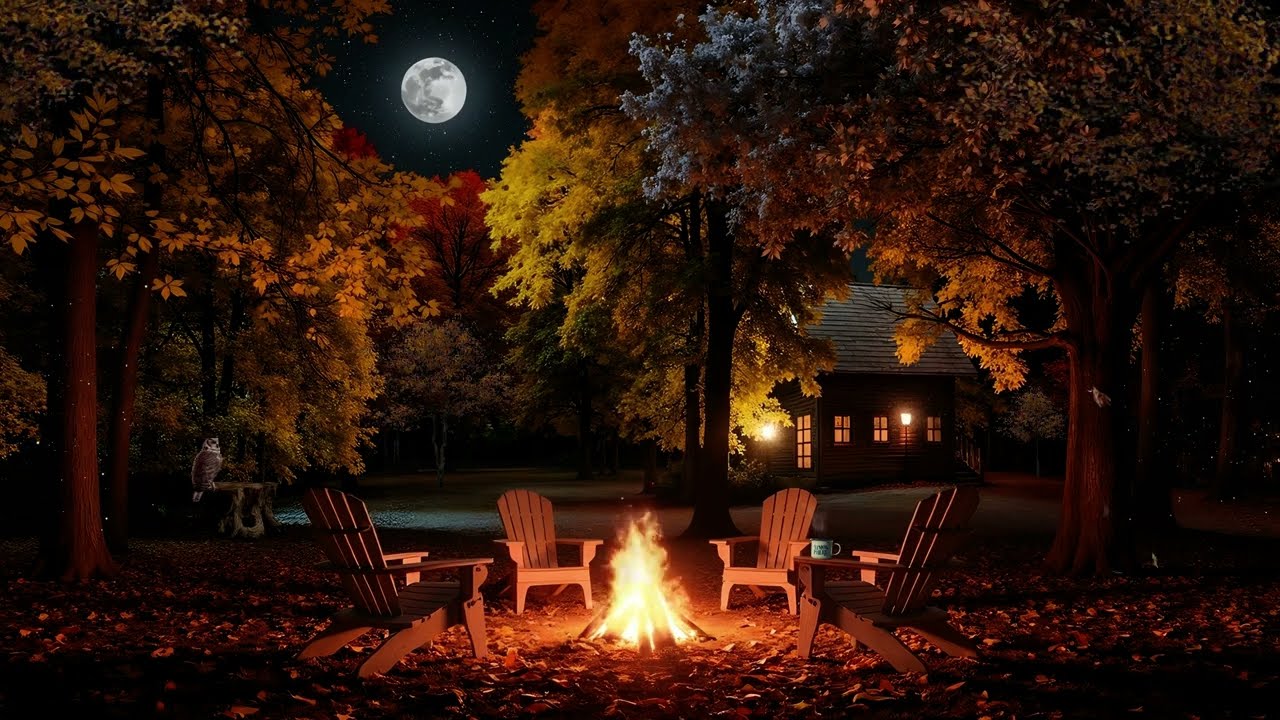 Fall Night Ambience by a Cozy Campfire 🔥 Autumn Night with Crackling Fire & Nature Sounds for Sleep