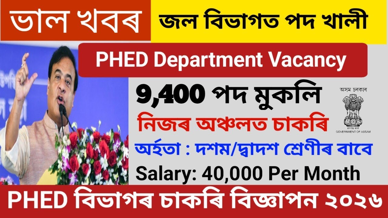 জল বিভাগত চাকৰি 2026 | PHED Assam New Vacancy | Apply Process & Eligibility