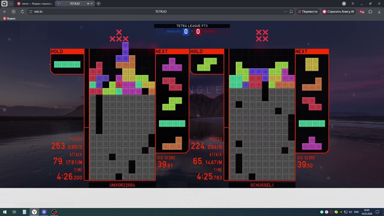 TETR.IO League: UNXOR22004 vs SCHUSSELI (Rank B, 6557 TR)
