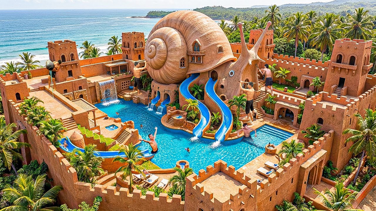 Building Giant Shell Shaped House on a Dangerous Ocean Cliff with Water Slides Using Primitive Tools