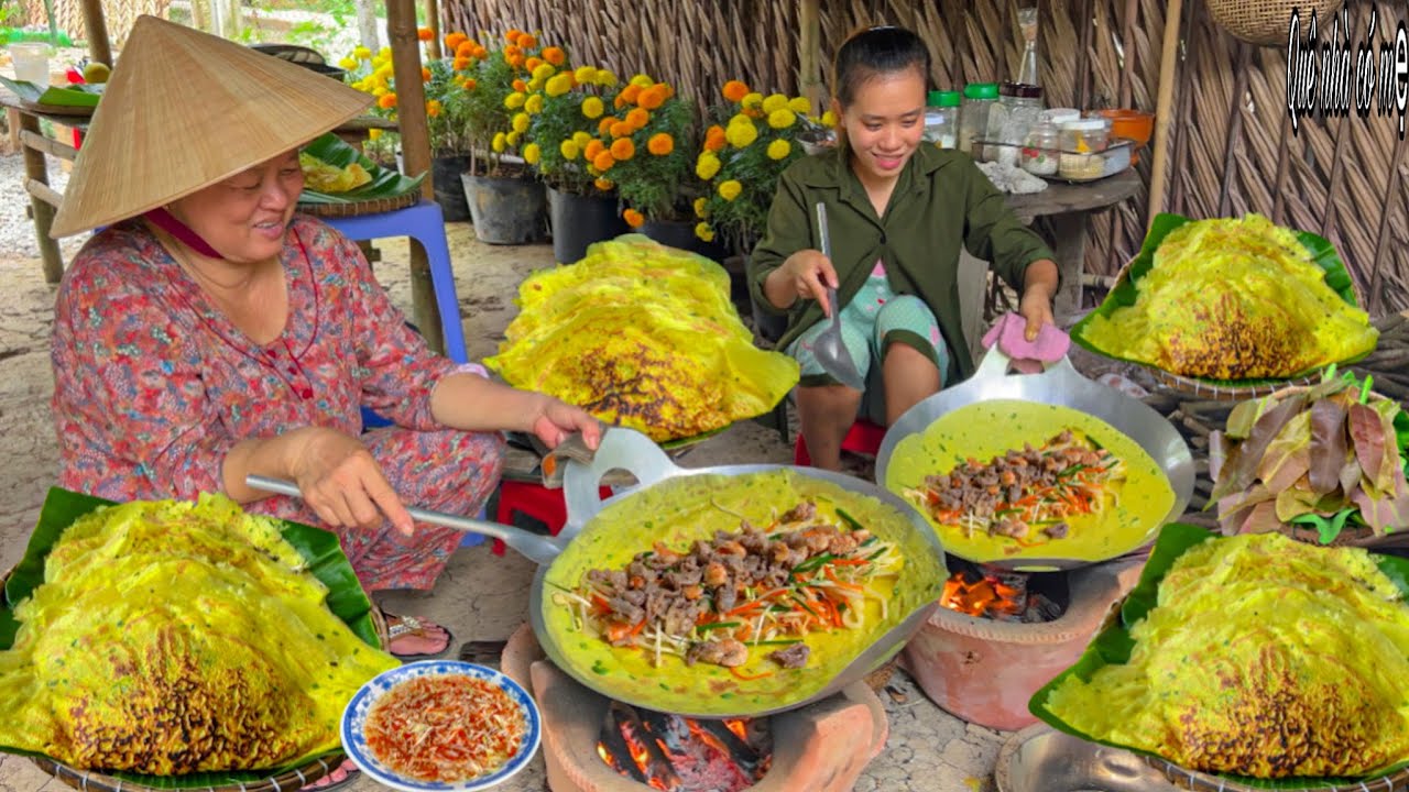 Bánh Xèo Tôm Thịt Cuốn Lá Xoài Non | Hương Vị Bánh Quê Miền Tây || Shrimp pancakes with meat