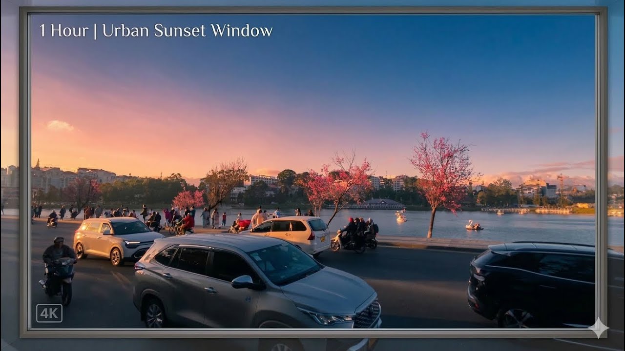 1 Hour Urban Sunset Window | Pink Sakura, City Traffic & Twilight Glow | 4K Living Background