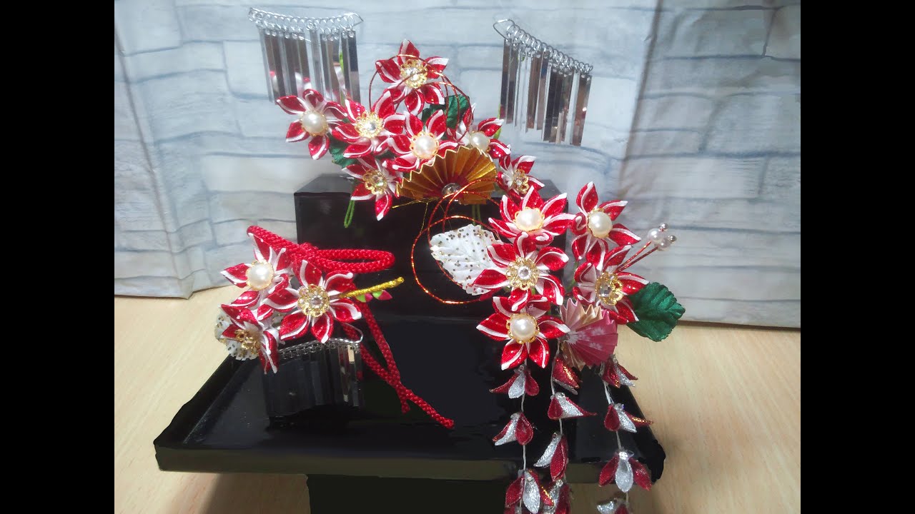 DIY 【創作ツマミ細工】七五三髪飾り3【赤色3点セット】前挿し・下り藤かんざし・花かんざしの組み立て方