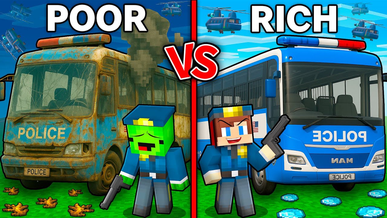 JJ и Mikey: Полицейские бедняки против богачей в битве на автобусе в Minecraft! - Maizen