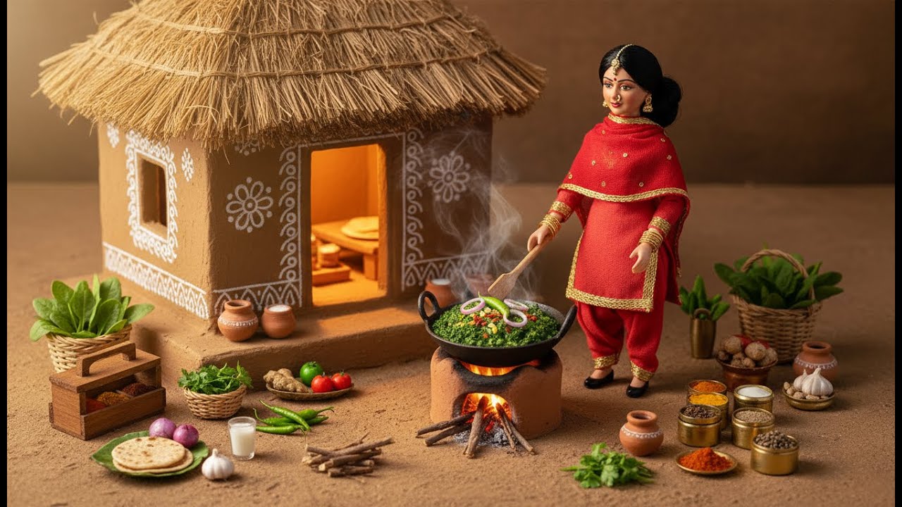 Miniature Doll Saag Cooking ASMR | Indian Village Tiny Kitchen Relaxing Meal