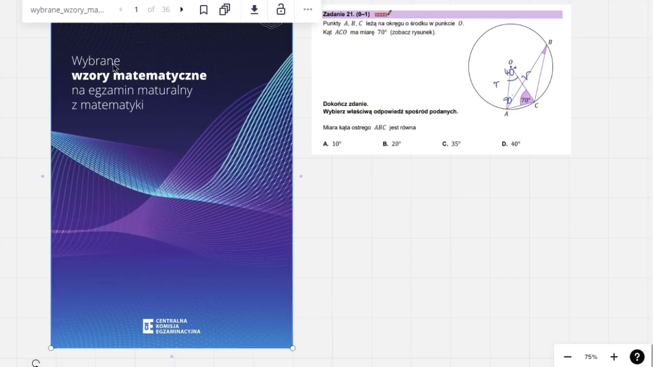 21. Punkty 𝐴, 𝐵, 𝐶 leżą na okręgu o środku w punkcie 𝑂.Kąt 𝐴𝐶𝑂 ma miarę 70° (zobacz rysunek).