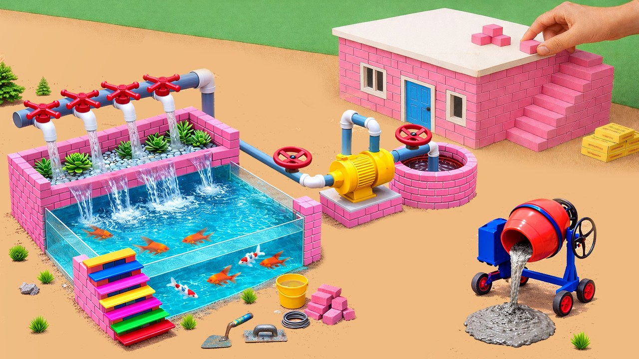 DIY Construction Science Project - Building a Strong Fish House and Water Well with Brick and Cement