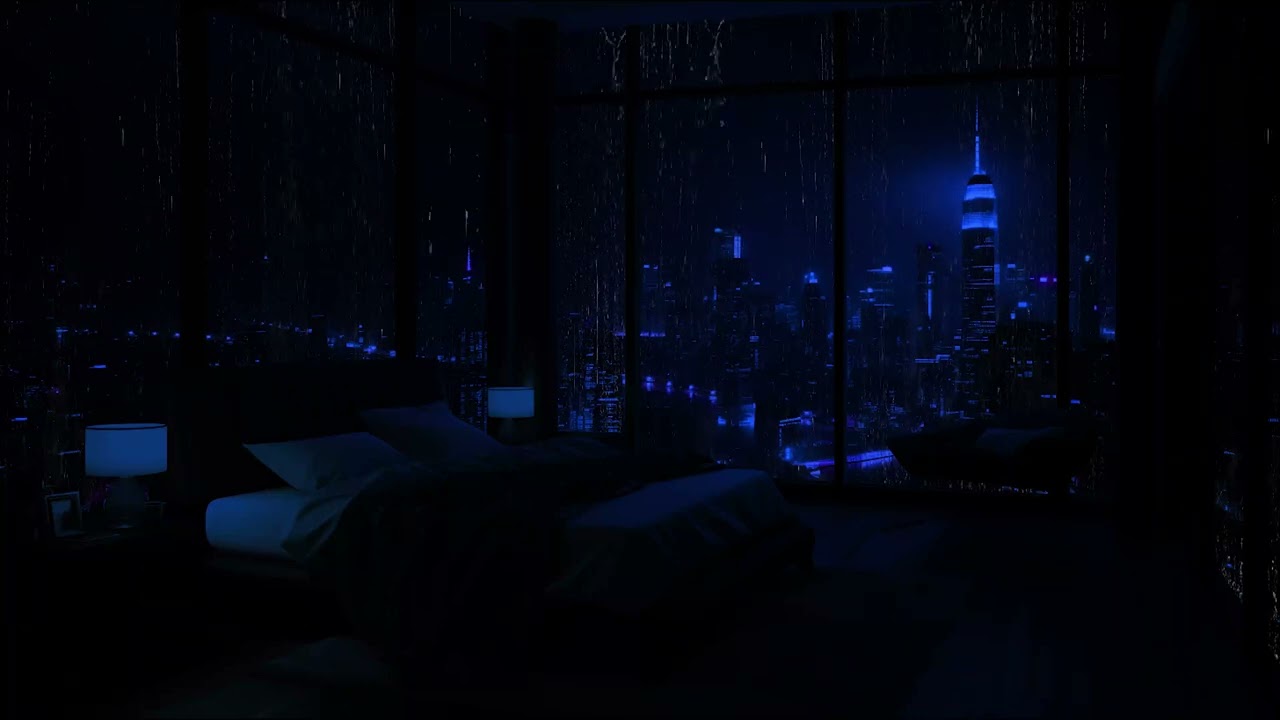 Midnight Rain by the Window: Cozy Bedroom Overlooking Rainy Streets Below