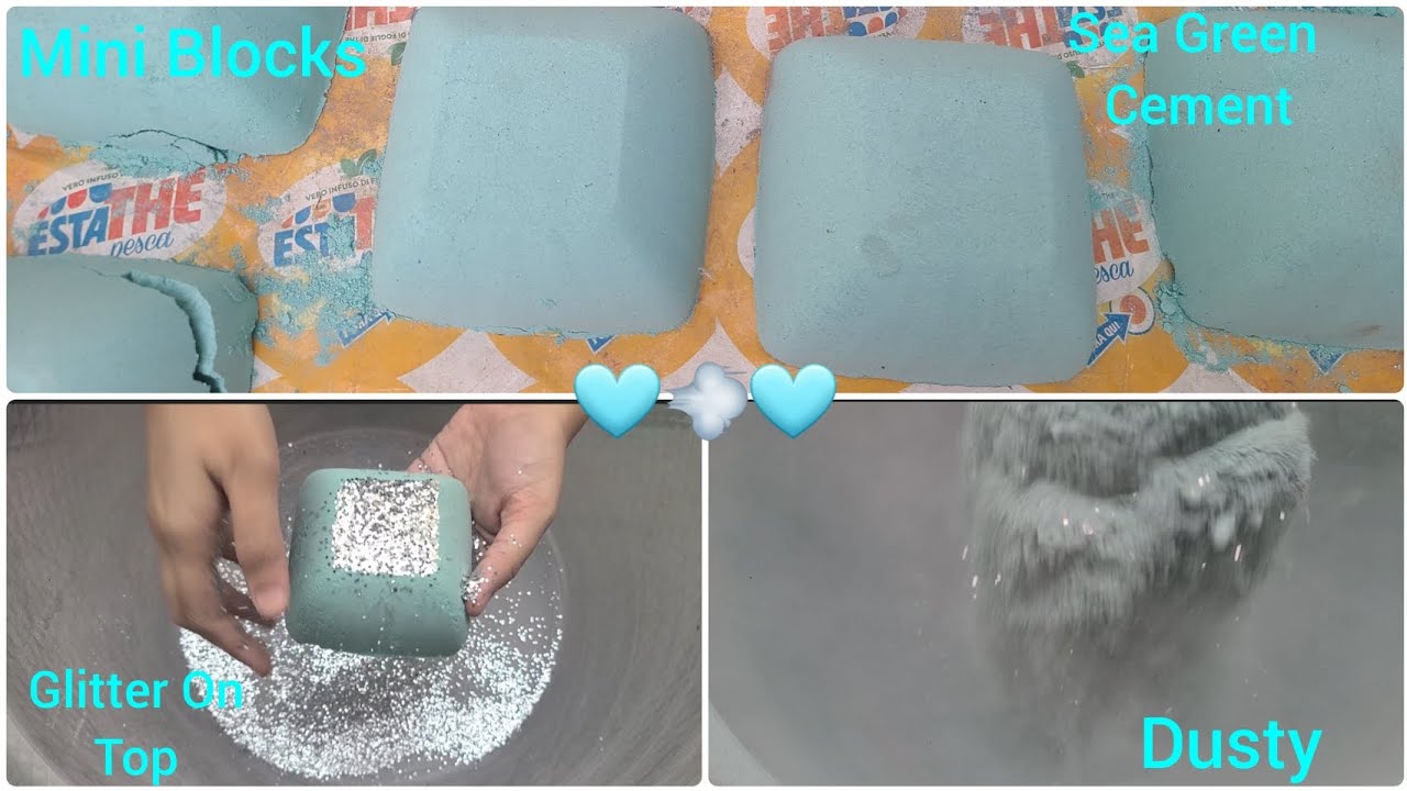 ASMR # 195 Dusty Sea Green Cement Mini Blocks Crumbling In Tub  ..!! Glitter On Top..!